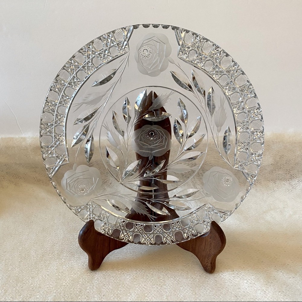 Brilliant Cut Glass White Rose Plate Platter 10”